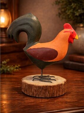 Wooden Rooster Figurine Farmhouse Chicken Rustic Decor
